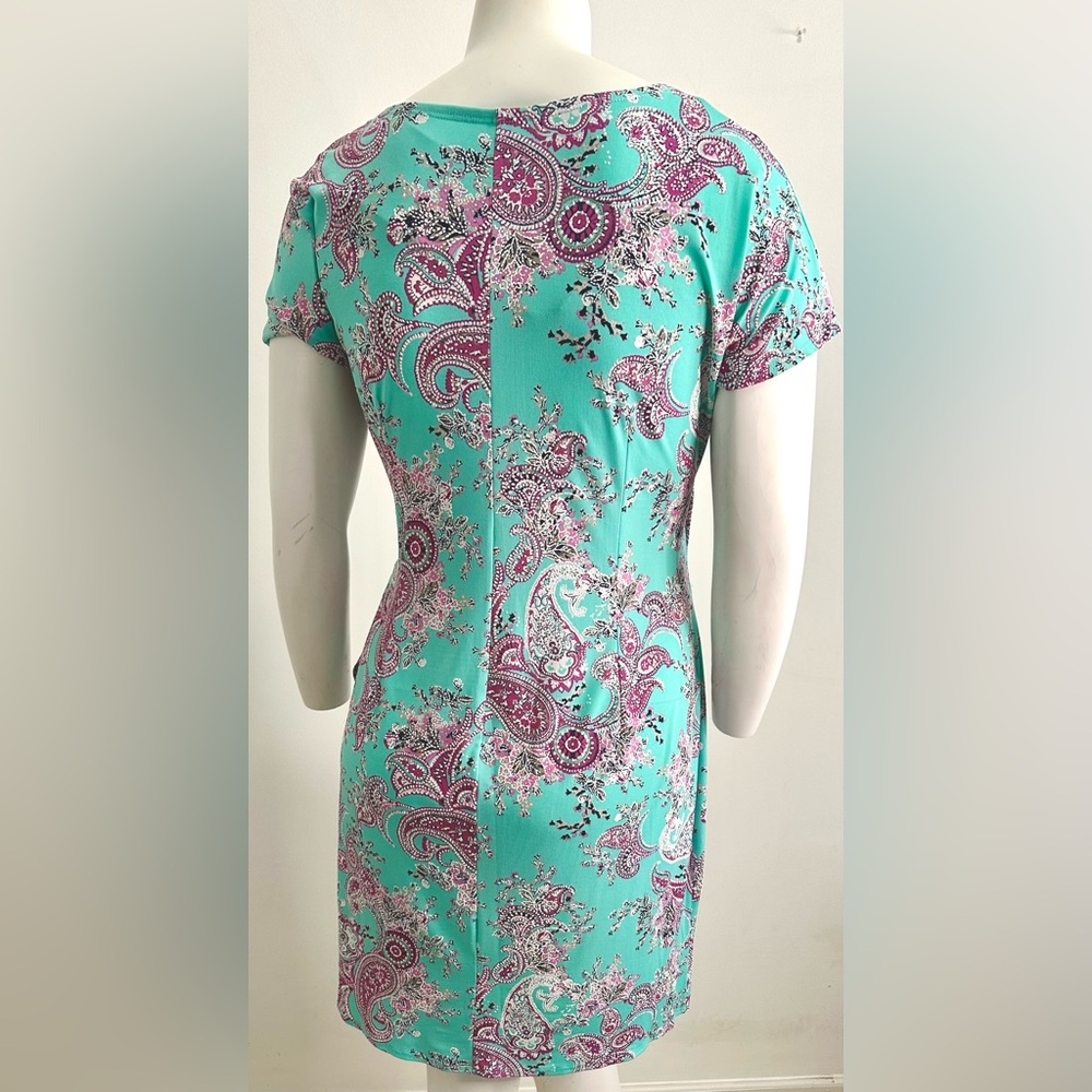 Signature by Robbie Bee Paisley Short Sleeve Faux Wrap Dress W/ Tie Waist Size L - Picture 4 of 7
